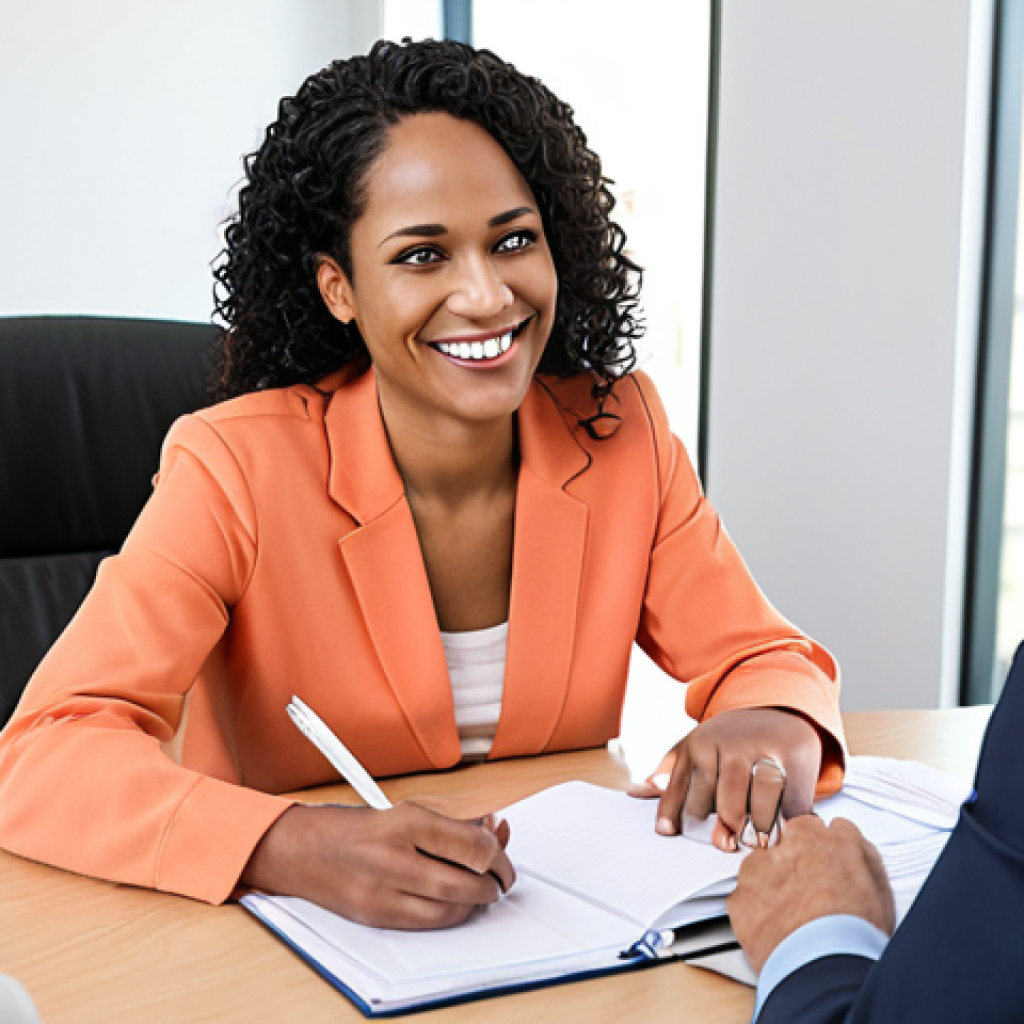 **A financial counselor smiling warmly while actively listening to a client in a bright, modern office. The counselor is taking notes and displaying empathy. Soft, natural lighting.** (Focuses on building relationships and active listening)