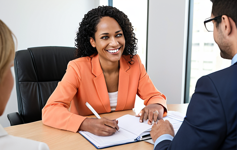 **A financial counselor smiling warmly while actively listening to a client in a bright, modern office. The counselor is taking notes and displaying empathy. Soft, natural lighting.** (Focuses on building relationships and active listening)